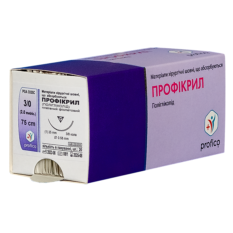 Профікрил (полігліколід), фіолет., USP 3/0, 75 см; ріжуча голка 3/8 кола, 25 мм